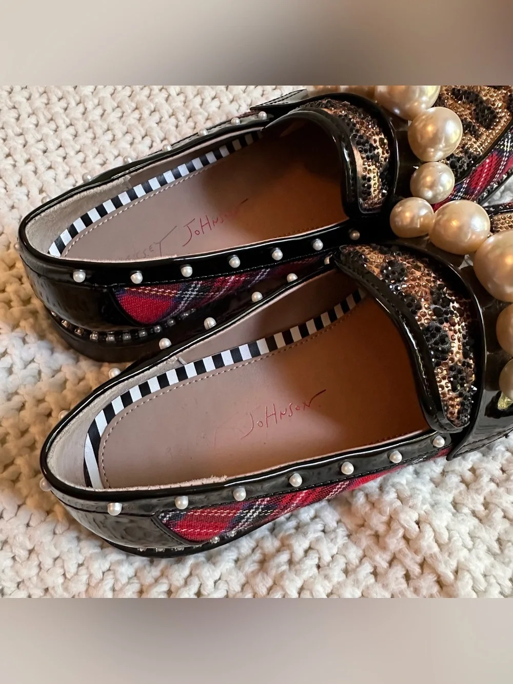 Betsey Johnson Harloe Loafer women’s 7.5 plaid leopard print pearl sparkles